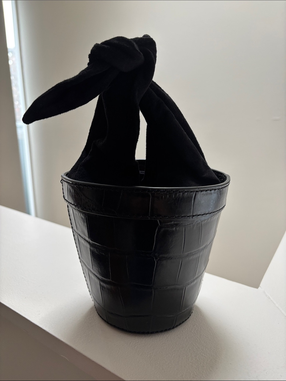 Staud Croc-Embossed Black Leather & Suede Bucket Bag